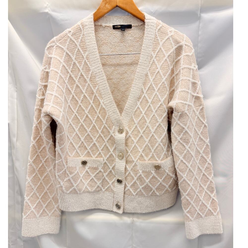 MAJE Moovida Metallic Cardigan Sweater In Camel Fall Preppy Minimalist Luxury